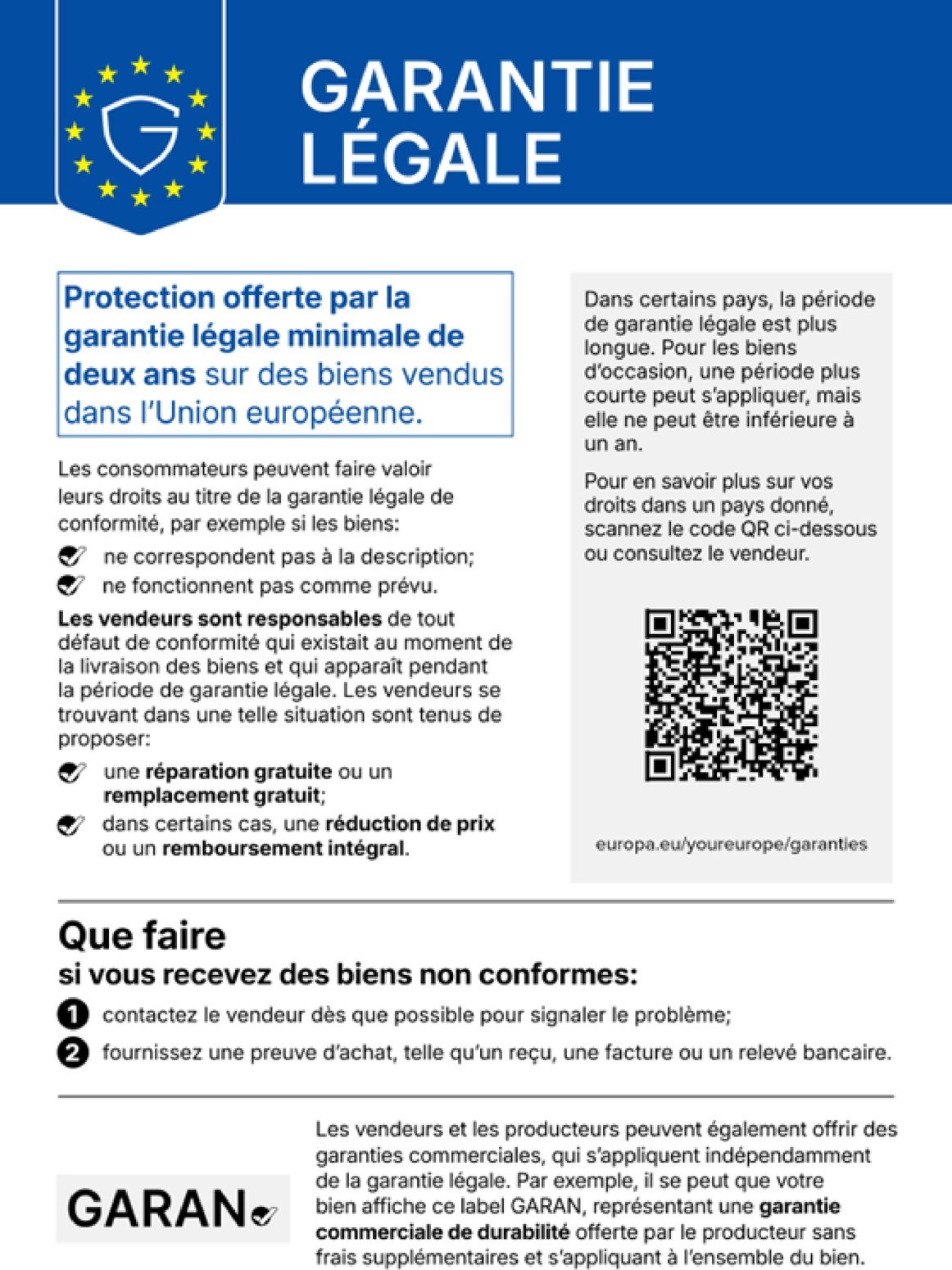 Gesetzliche Gewährleistung: Beim Kauf von Waren in der EU gilt ein gesetzliches Gewährleistungsrecht von mindestens zwei Jahren. Der QR-Code führt zu weiteren Informationen im Portal „Ihr Europa“.